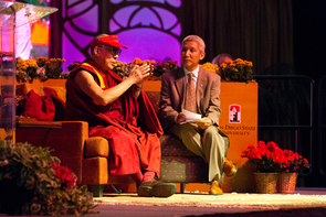 His Holiness the 14th Dalai Lama, with his translator Thupten Jinpa, answers audience questions during his April 19 lecture at San Diego State University. (Photo by Tim Mantoani) His Holiness the 14th Dalai Lama, with his translator Thupten Jinpa, answers audience questions during his April 19 lecture at San Diego State University. (Photo by Tim Mantoani)